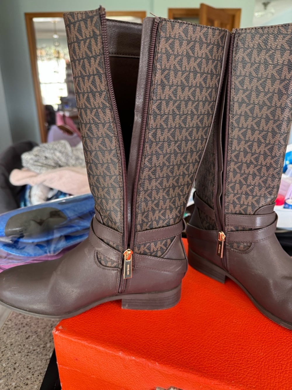 Michael Kors Brown and Dark Brown MK Logo Tall Riding Boots - Picture 3 of 4